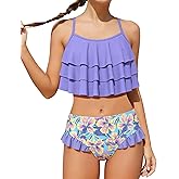 Redair Girls Swimsuit 2 Piece Ruffled Bikini Top with Ruffled Bottom Summer Beach Teen Girl Bathing Suits for 6-14 Years