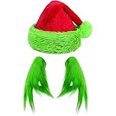 Hikkcos Green Gloves Adult and Christmas Santa Hat Green Furry Gloves Halloween Monster Costume for Cosplay Accessory Halloween Christmas Party Supplies