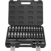 OTLOOMTBT 32PCS 1/2" Drive Impact Socket Set - Heavy Duty Industrial-Grade Deep Sockets, Metric/SAE Full Set with Extension Bar, Cr-V Steel Corrosion-Resistant Coating & Premium Storage Case