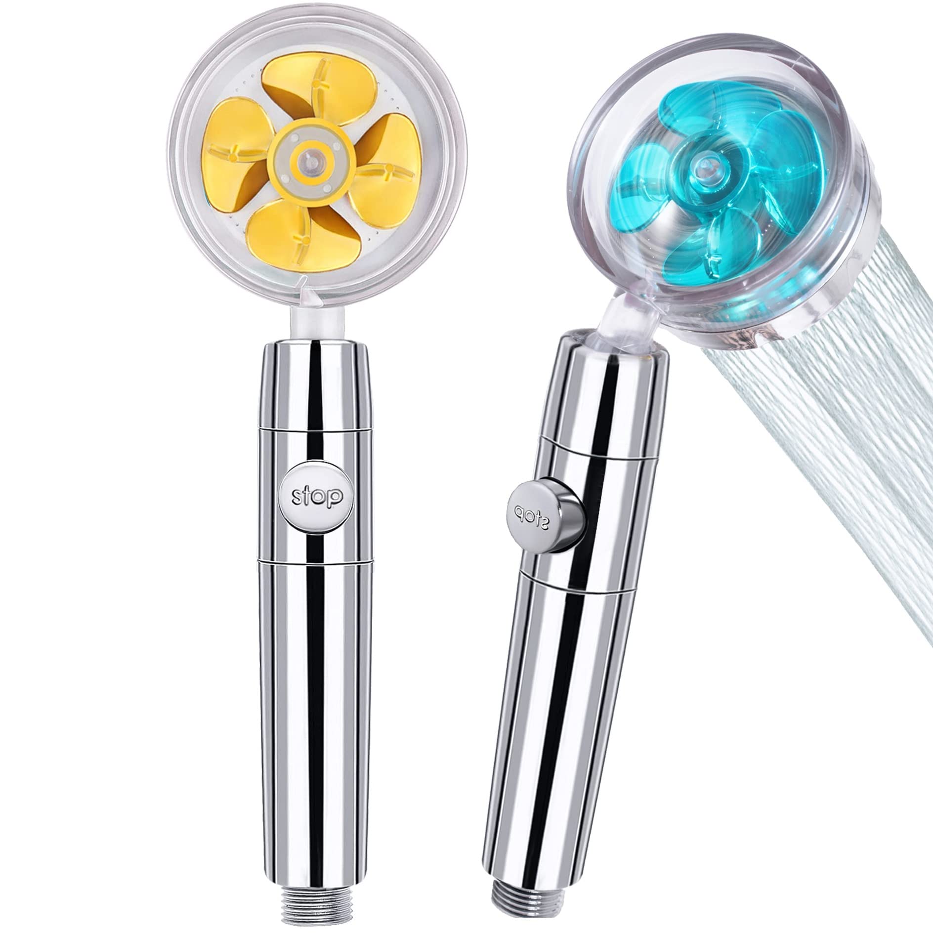 WANGCL 2PCS High Pressure Shower Heads Handheld Shower with Filter Turbocharged Propeller Shower One Key Pause Switch 360 Degrees Rotating Blue and Gold
