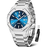 OLEVS Mens Luxury Watches Stainless Steel Dress Watches for Men,Octagon Large Wrist Analog Quartz Watch,Fashion Waterproof Man Watch Gold/Black/Silver/Blue/Brown Dial Relojes para Hombres