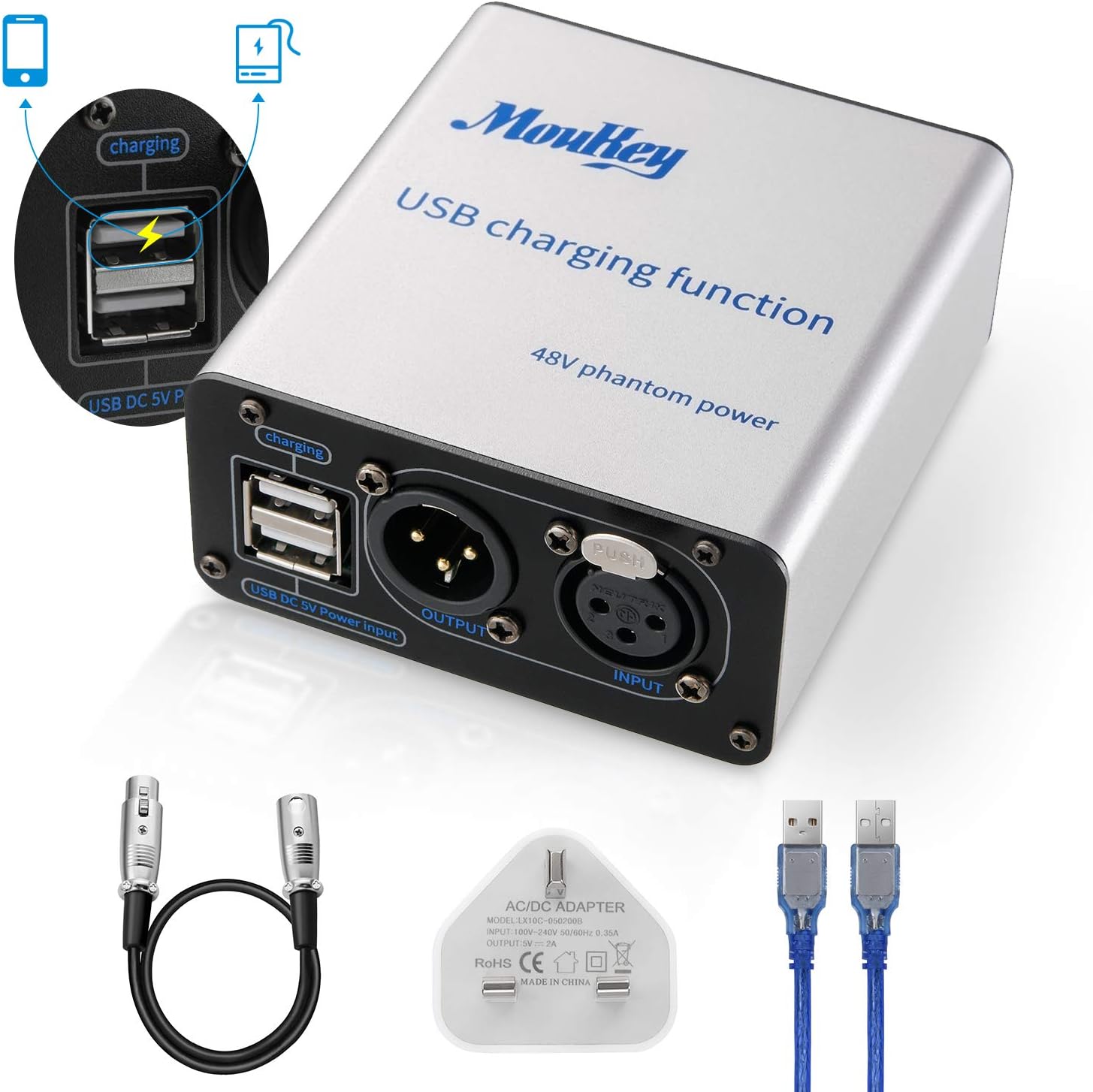 Moukey 1 Channel 48v Phantom Power Supply With New Usb Charging Capability 10 Foot Xlr Cable