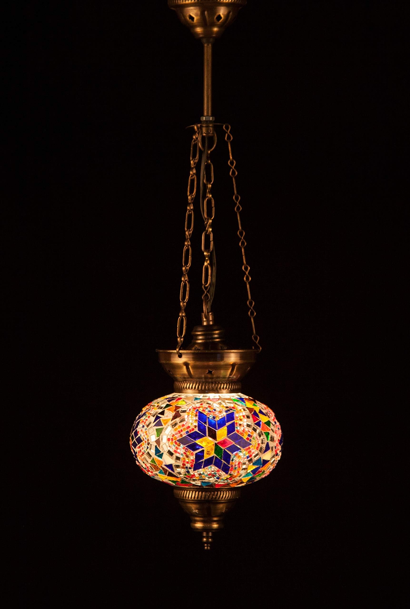 Handmade Turkish Lamp Moroccan Ottoman Style Mosaic Oval Mosaic Hanging Lamp Triple Chain Lights Home Bedroom Restaurant Cafe Decoration Light Size 3 (Multi Color Blue)