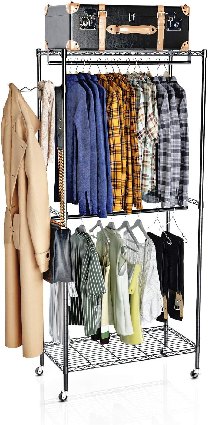VIPEK 2 Tiers Shelves Wire Shelving Garment Rack Portable Clothes Wardrobe Heavy Duty Metal Storage Rack Clothing Rolling Closet Organizer Rack with Wheels Side Hooks Double Hanging Rod, Black