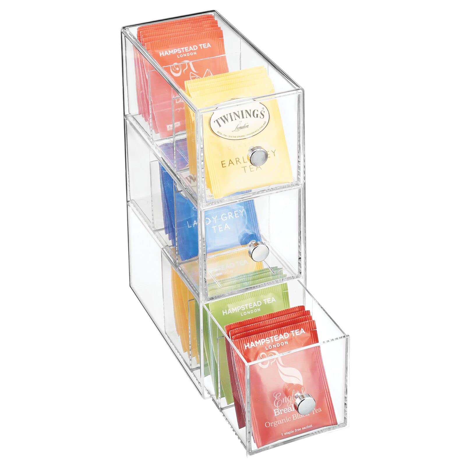 mDesign Kitchen Organiser with 3 Drawers – Storage Box for Tea Bags, Coffee Capsules, Sweeteners and More – Plastic Tea Chest – Clear