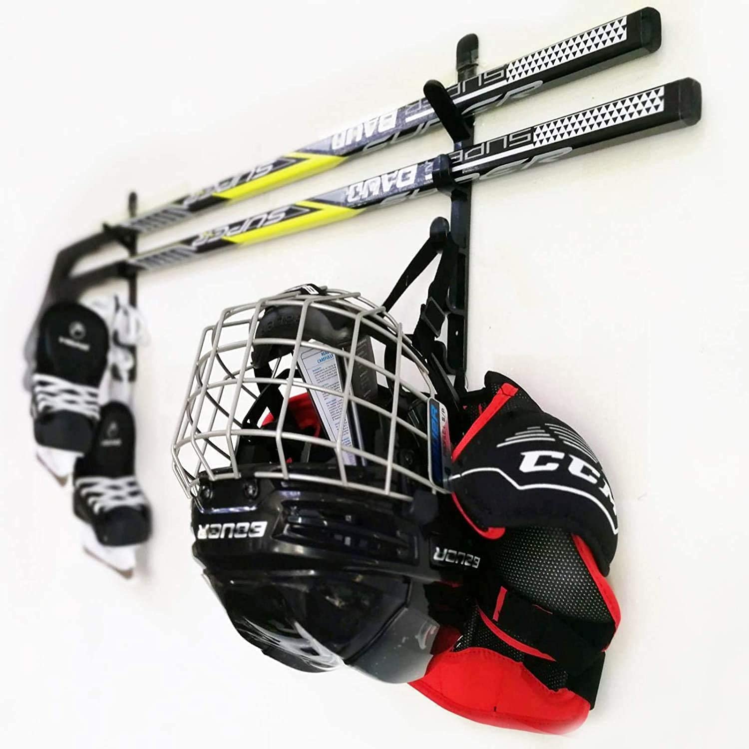 Hockey Stick Rack - Wall Display Holder/Hanger - Hang Skates, Helmet, Gloves, Sticks, Pads - Home or Office Wall Mount