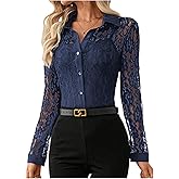 SOLY HUX Women's Lace Sheer Button Down Blouse Long Sleeve Collared Shirts Old Money Outfits