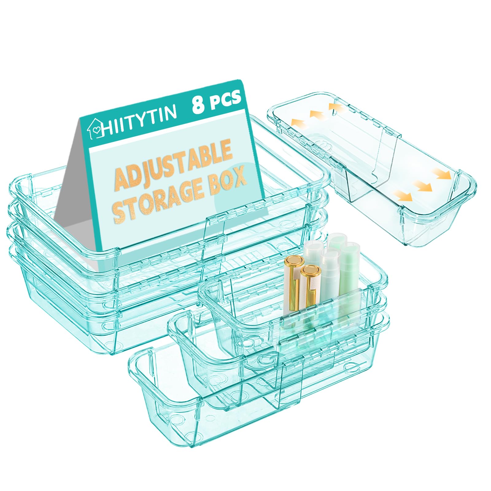 Photo 1 of 8 Pcs Mixed Extendable Clear Drawer Organizer, All Adjustable Vanity Storage Box, 4-Size Desk Drawer Organizer, Acrylic Storage Bins for Makeup, Bedroom Dressers Tool Organizer for Gadgets, Blue