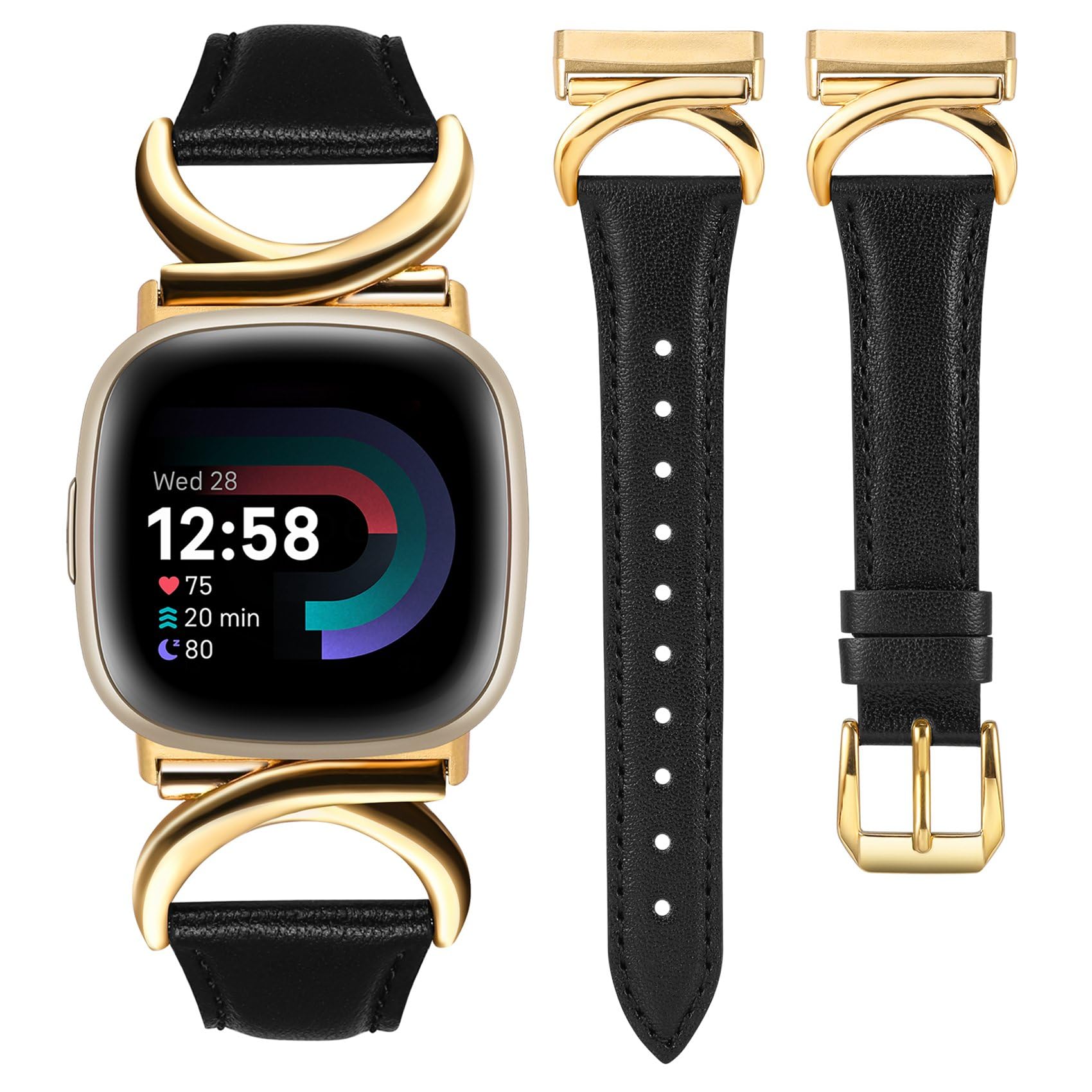 TOYOUTHS Leather Strap Compatible with Fitbit Versa 4/Versa 3/Sense 2 Women Slim Thin Dressy Elegant Premium Leather Strap with C-Shaped Metal Buckle for Versa 4, Black/Gold