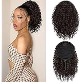 rosmile Short Kinky Curly Ponytail Extension for Black Women, 10 Inch Medium Brown Drawstring Curly Ponytail with Two Clips, Synthetic Afro Drawstring Ponytail for Black Women