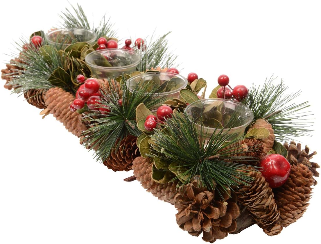 Red Winter Berry & Frosted Pine Cone Tea Light Candle Holder - Woodland/Nordic Style - (Holds 4 Tealights) - 48 cm