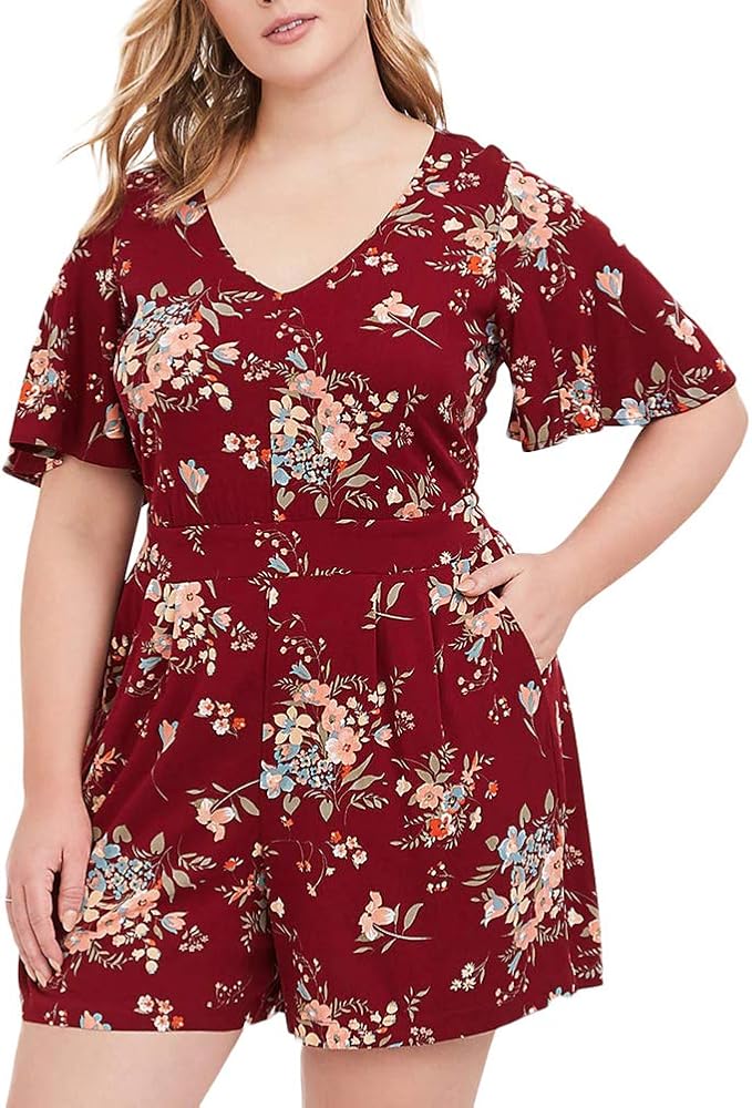 YUMDO Women's Floral Short Sleeve Round Neck Elastic Waist Wid Leg Jumpsuit Romper