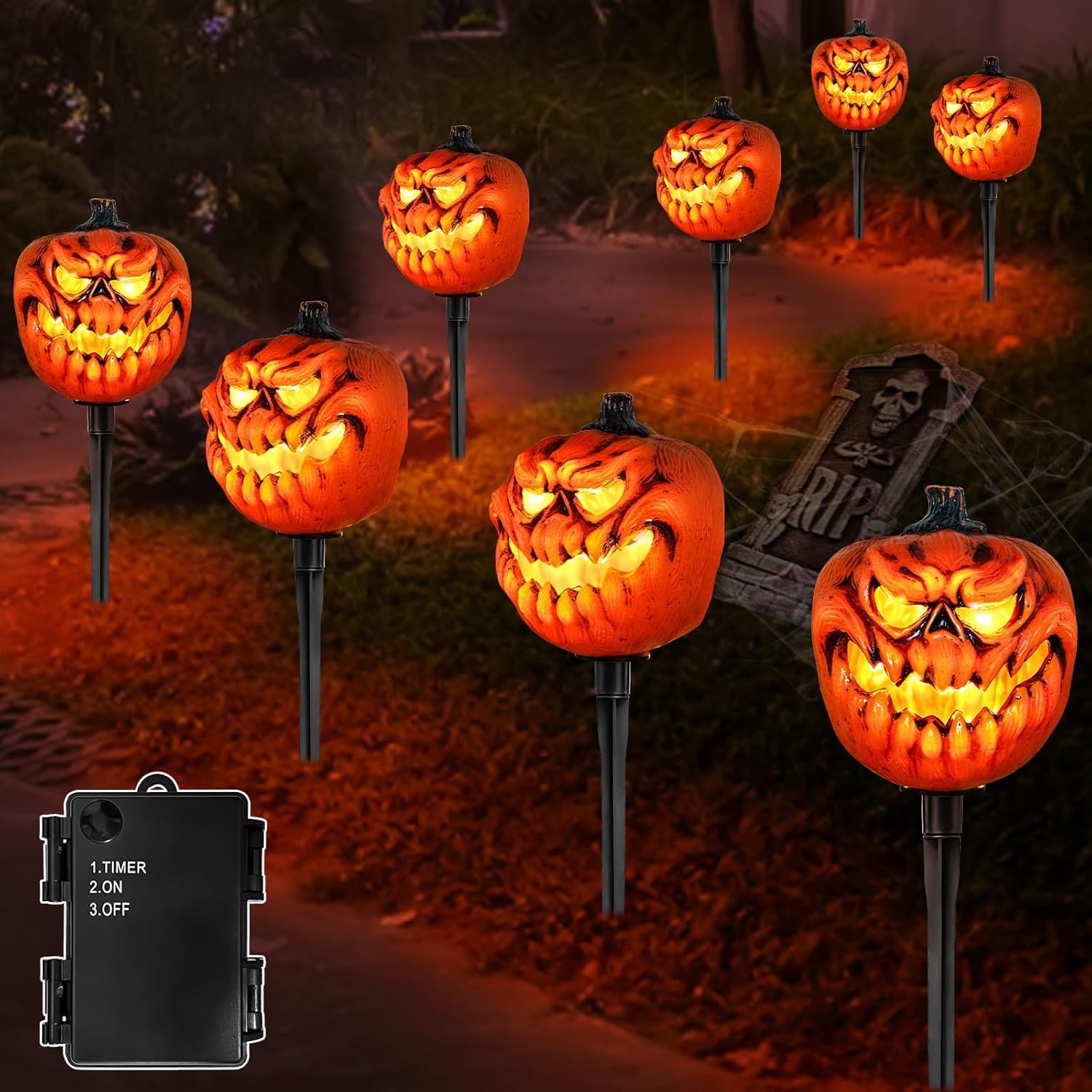 Photo 1 of [Timer & 4 Pack] Halloween Decorations Outdoor Pumpkin Pathway Light Garden Stake Lights, Waterproof Halloween Lights Battery Operated for Outside Home Patio Yard Pathway Grave Lawn Porch Party Decor