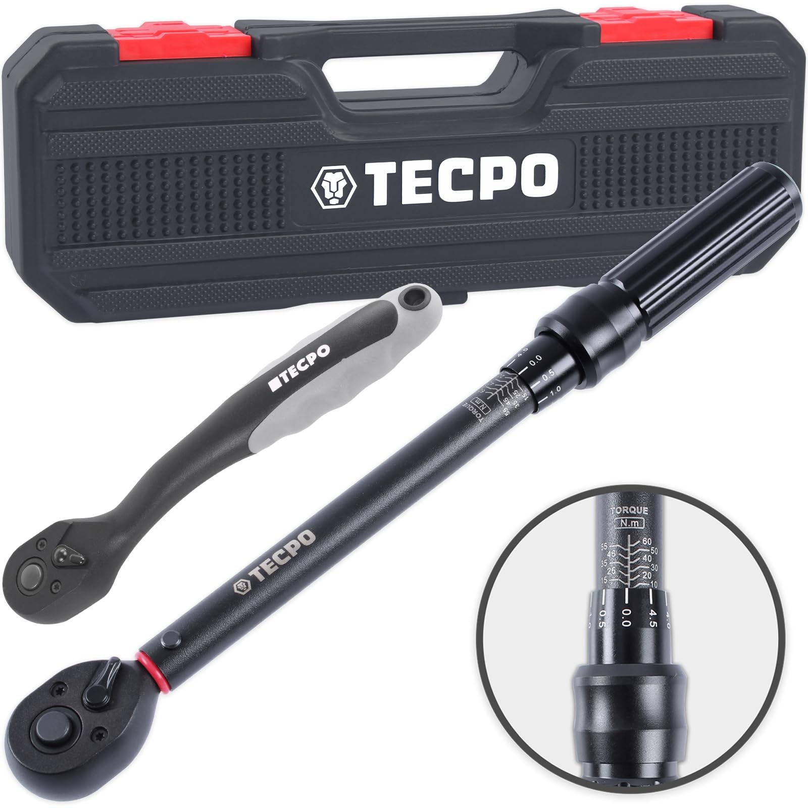 TECPO Drehmomentschlüssel 3/8" 10-60Nm Werkzeug + Ratsche