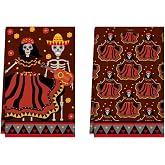 XCHI Day of The Dead Sugar Skull Dish Towels Set of 2 Home Decor 18x26 Inch | Skeleton Guitar Fiesta Stripes Dia De Los Muertos Mexican Printed Pattern Hand Towels Drying Dishcloth Kitchen Decorations