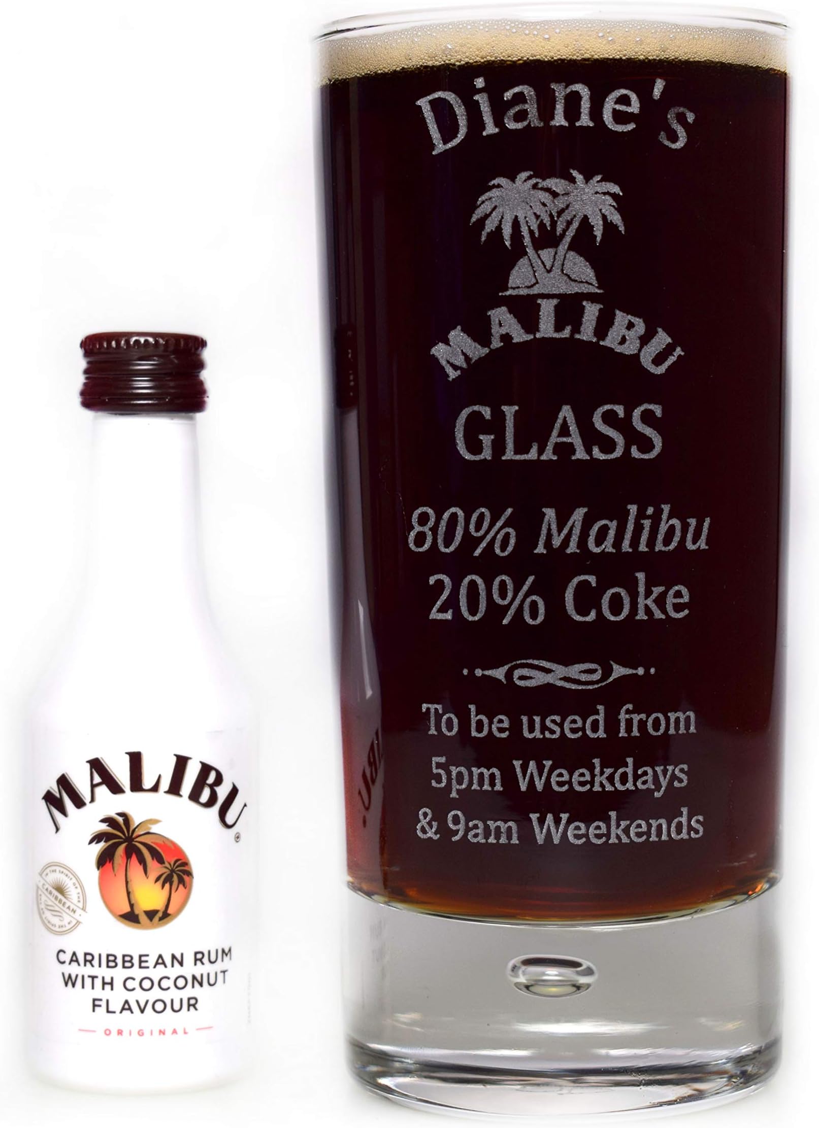 Engraved/Personalised *Malibu% Design* Bubble Based Highball Glass & Miniature Bottle of Malibu
