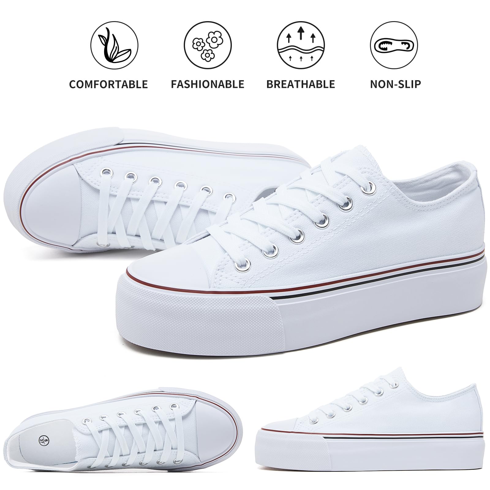 hash bubbie Platform Sneakers for Women White Platform Shoes Low Top Tennis Shoes Non Slip Black Fashion Canvas Sneakers