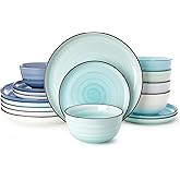 Sweese Plates and Bowls Sets, 18 Piece Dinnerware Set Porcelain Round Dinner Set for 6, Scratch Resistant Dishes Set, Dishwasher and Oven Microwave Safe Handpainted Swirl Dishware Sets, Assorted Blue
