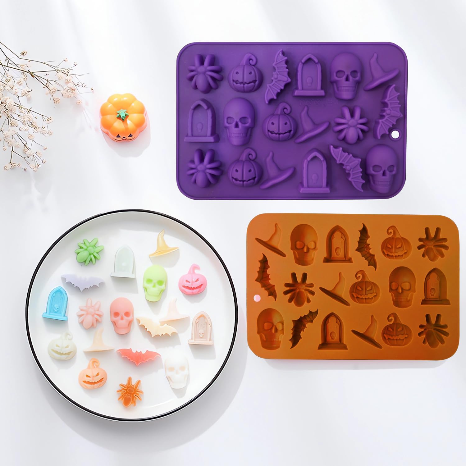Halloween Molds Silicone for Chocolate 2 Pack, 3D Halloween Chocolate Candy Gummy Mold Skull Pumpkin Bat Ghost Witch Hat Spider tombstone Shapes Mold