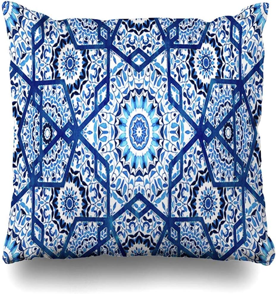 Throw Pillow Case Cushion Covers Bright Blue Arabesque Abstract Pattern Arabian Watercolor Morocco Arabic Batik Bohemian Boho Design Home Decor Design Square Size 18 x 18 Inch Zippered
