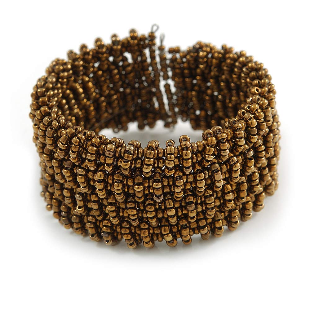 Avalaya Trendy Bronze/Antique Gold Glass Bead Flex Cuff Bracelet - Adjustable