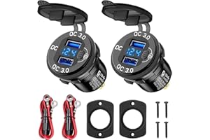 Linkstyle 2PCS 12V USB Outlet, Dual 18W QC3.0 USB Socket Outlet Panel with Blue LED Voltmeter & Switch for Car Motorcycle Boa