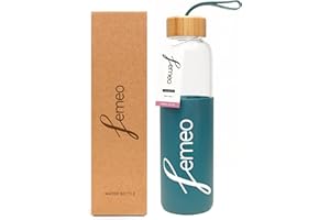 Femeo® Glass Water Bottle for Women | Eco, Yoga & Gym Friendly, 18oz | 100% Leakproof, BPA-Free, Dishwasher Safe, Borosilicate Drinking Glass Bamboo Sports Cap Teal
