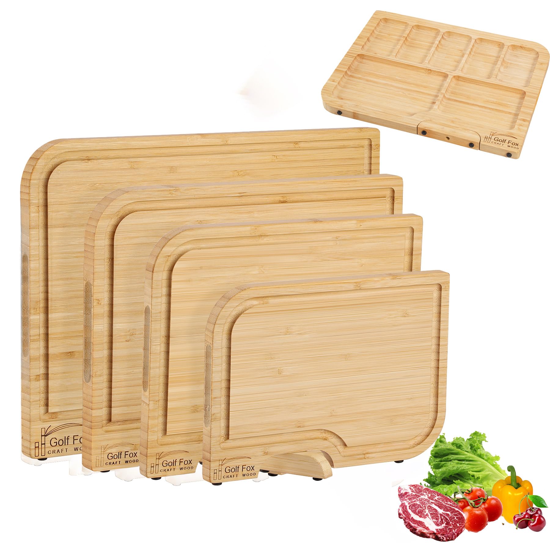 4-PCS Bamboo Cutting Board Set, Wood Cutting Board for Kitchen with Innovative Stand, Juice Groove & Handle, Double Sided for Chopping & Charcuterie Board, Kitchen Gift for Home Cooks, For Meat &Fruit