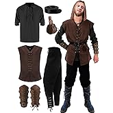 Suhine 6 Pcs Men's Halloween Renaissance Costume Set Medieval Vest Shirt Ankle Banded Pants Viking Belt Armband Pouch