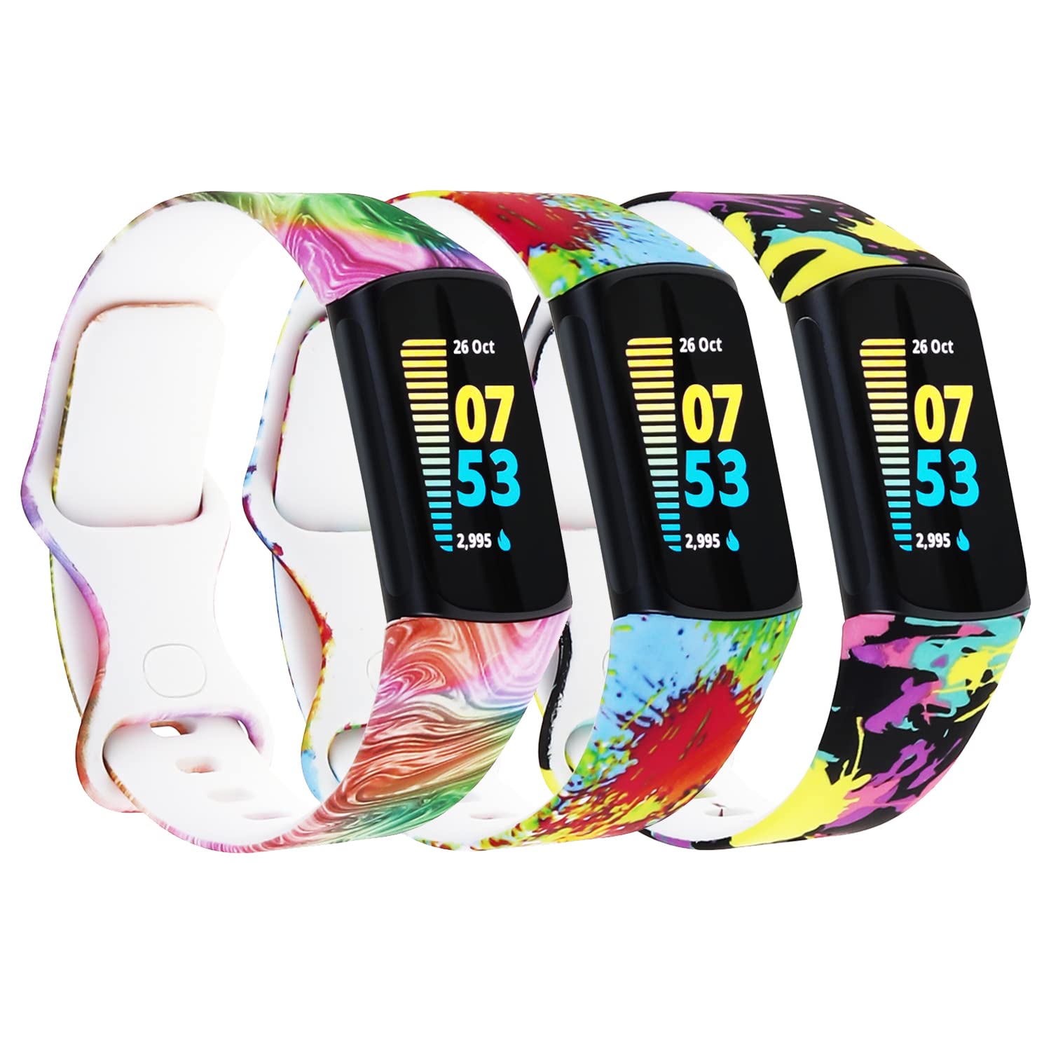 3 Pack Charge 5 Floral Straps Compatible with Fitbit Charge 5 Sport Watch Bands Wrist Strap for Men Women Silicone Pattern Colorful Watchband Bracelet Wristband Replacement Accessories Small Strap