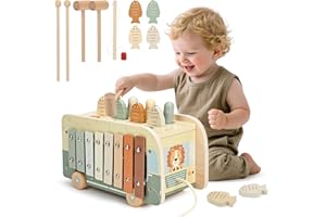 VANPLAY Montessori Toys for 1 Year Old - Wooden Hammering Pounding Toys for One Year Old Girls Boy Gifts, 7 in 1 Activity Toy with Xylophone & Fishing Game, First Christmas Birthday Gifts for Toddlers 1-3-2-4