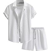 VIPWOLF Men's 2 Piece Outfits Textured Button Down Shirts and Drawstring Waist Shorts Sets with Pocket