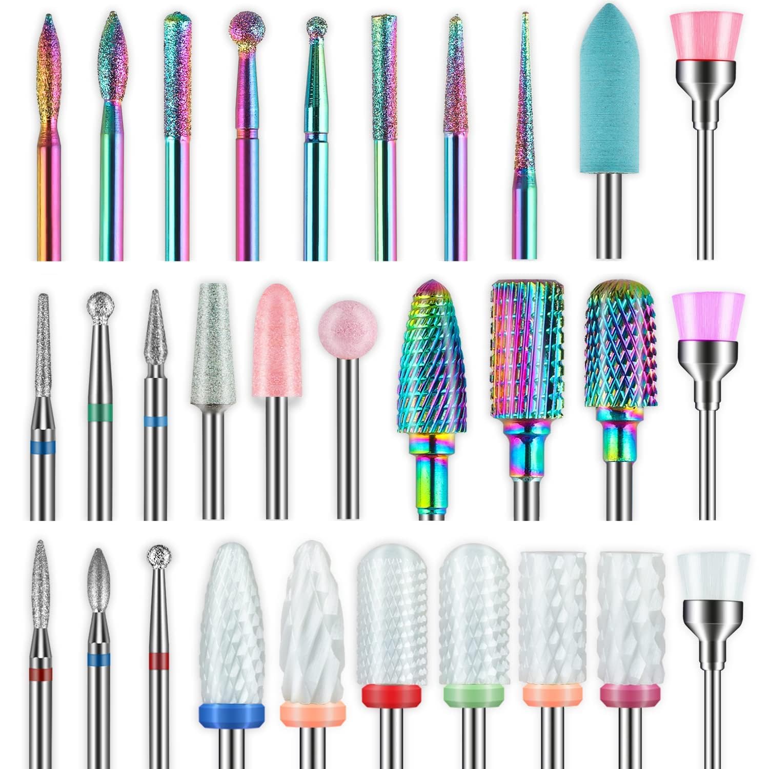 Depvko 30Pcs Nail Drill Bits,3/32 Inch Ceramic Drill Bits for Nails Sets Acrylic, Diamond Cuticle Efile Carbide Remover Bits for Home Salon Acrylic Gel Nail Manicure Pedicure Tools(Come with 3 Cases)