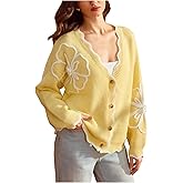 Verdusa Women's Fall Outfits 3D Floral Button Up Cozy Cardigan Sweaters Wave Edge Elegant Knit Outerwear