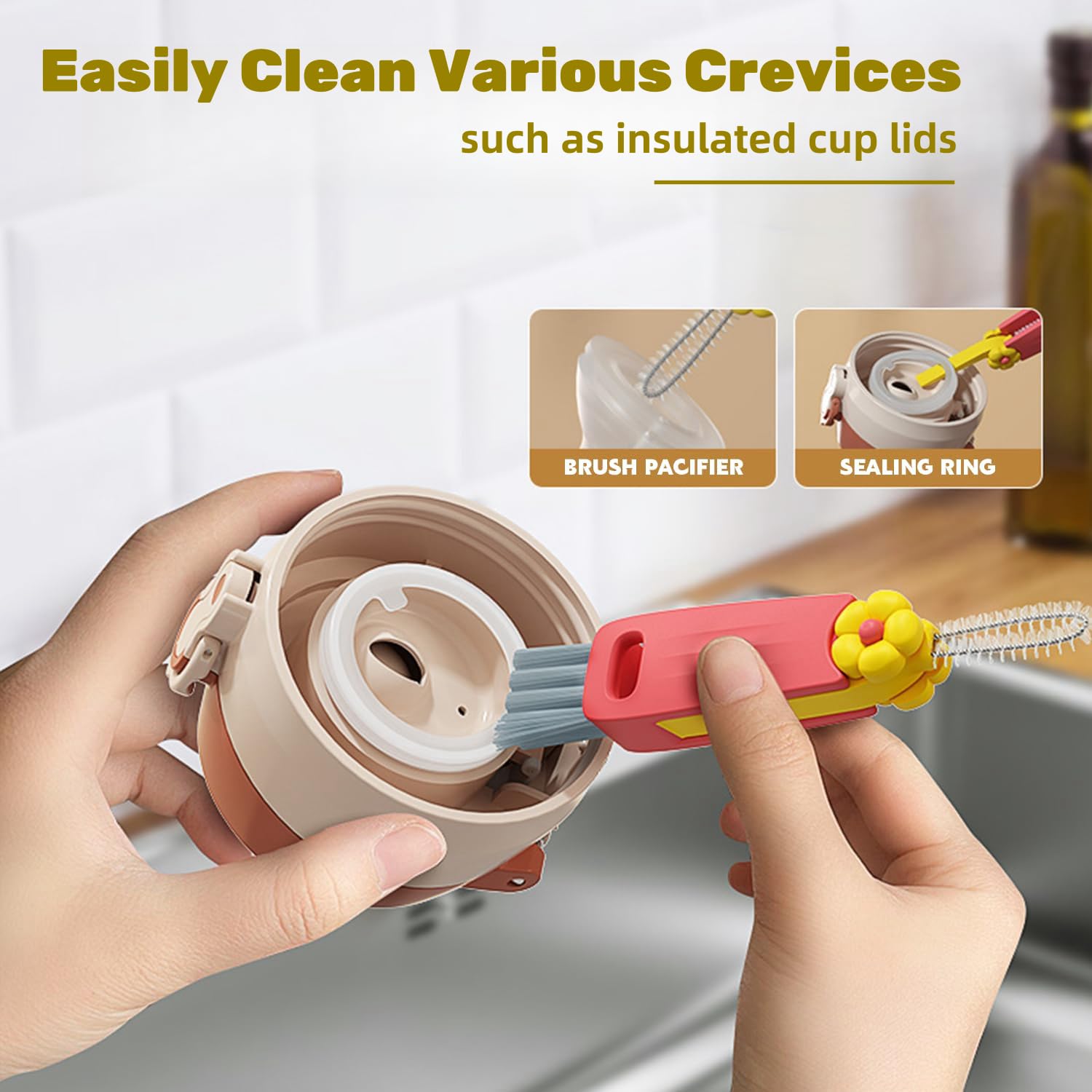 3 in 1 Cup Lid Cleaning Brush, 3 in 1 Multifunctional Cleaning Brush Portable Cup Lid Cleaner for Bottle Gap Tight Spaces Cup, Portable Cup Lid Cleaner with Brush, 3 Pcs