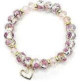 Elegnant Women's Handcrafted Glass Beaded Stretch Bracelet, Faceted White Lampwork Pink Rose Pattern, 18K Gold Plated Accents with Heart Charm