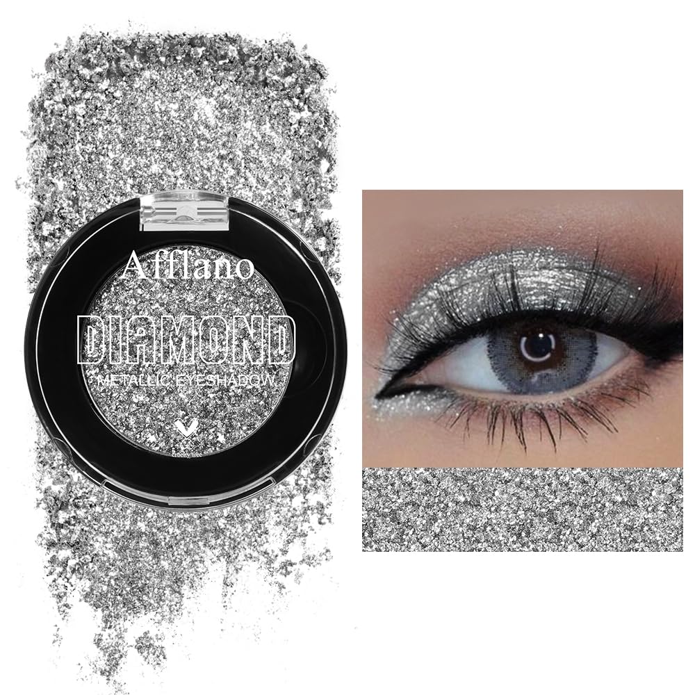Single Silver Grey Glitter EyeShadow Palette, Metallic Intense Silver Gray Super Pigmented Eyeshadow Makeup, Shimmer Sparkle Eye Shadow for Women, Waterproof Long Lasting Vegan&Talc Free #11H