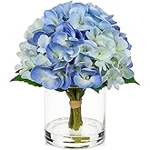 Hollyone Blue Hydrangea Artificial Flowers in Vase Latex Real Touch Small Faux Hydrangea Flowers Arrangements Hydrangeas Fake Flower with Glass Vase with Faux Water for Table Centerpiece Home Decor