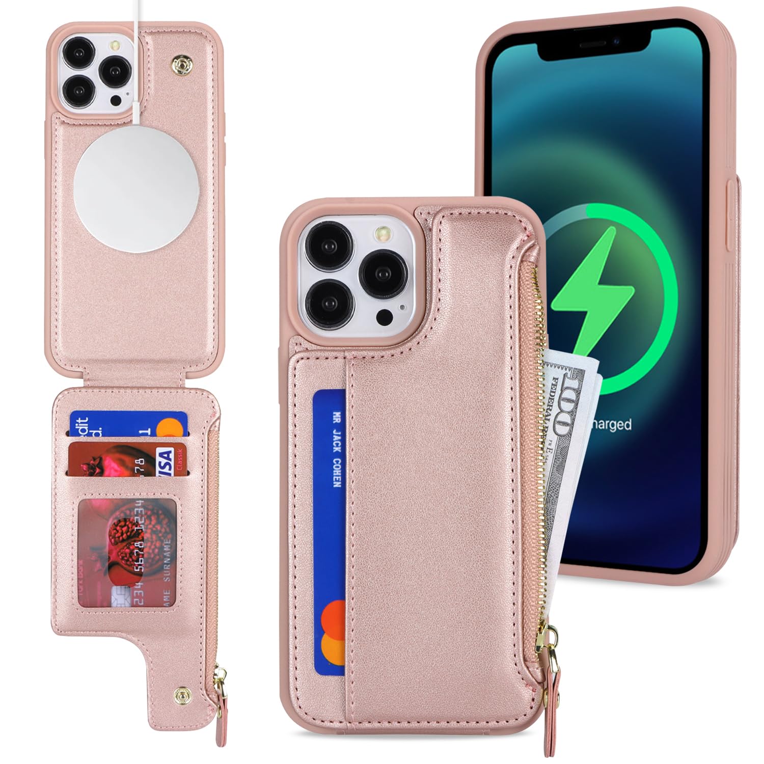 SailorTech iPhone 12 Pro Max Case with Credit Card Holder magsafe, iPhone 12 Pro Max Phone Leather Case Wallet for Women Compatible mag safe Zipper Shockproof Case for Men - Rose Gold — image 1