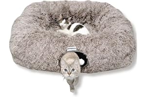 XxingSheep XL Cat Tunnel with Bed for Indoor Cats Peekaboo Cat Cave Donut Toy with Warm Mat,Yellow-Brown