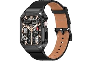 SUPLINK Leather Band with Stainless Steel Case for Apple Watch Ultra 3/2/1 & SE 3/2/1 & Series 11 10 9 8 7 6 5 4 3 2 1 49mm 46mm 45mm 44mm 42mm 41mm 40mm 38mm,Rugged Bumper for Men