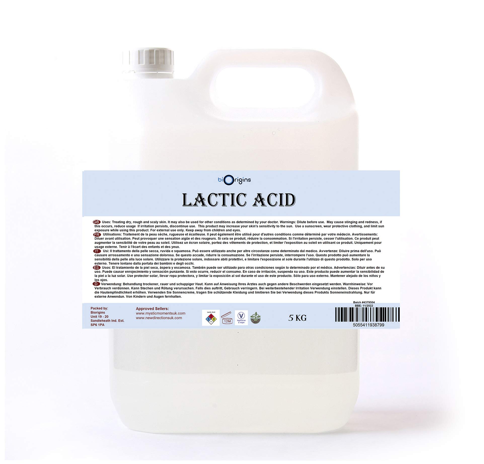 Mystic Moments | Lactic Acid 80% Standard | AHA Alpha Hydroxy Acid | Cosmetic Grade Liquid Exfoliant | Skin Peel & pH Adjuster | Dilute Before Use | INCI: Lactic Acid | 5Kg — image 1