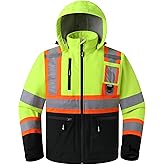 JKSafety Safety Jackets for Men Hi Vis Waterproof Softshell Jackets with Detachable Hood Polar Fleece Lining (SJ500)