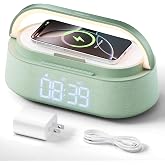 Bluetooth Speaker with Wireless Charger Snooze Function FM Radio Warm Light | 6 in 1 Station with 15W iPhone Wireless Charging, Portable Handle, 10W Speakers Output for Bedroom, Home, Office, Ideal Gift