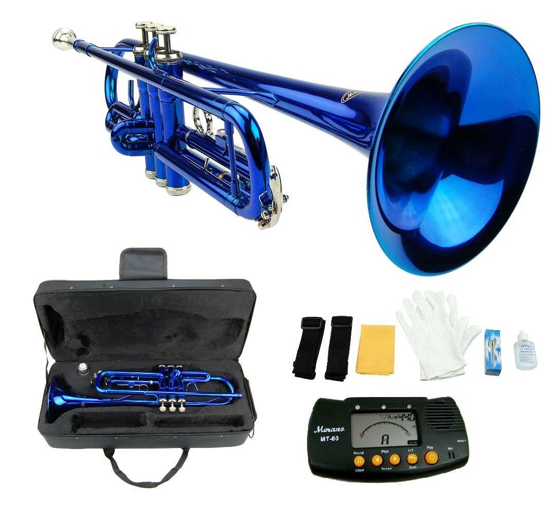 Band & Orchestra Merano B Flat BLUE/Silver Trumpet with Case+Mouth Piece+Valve Oil+Metro Tuner Brass