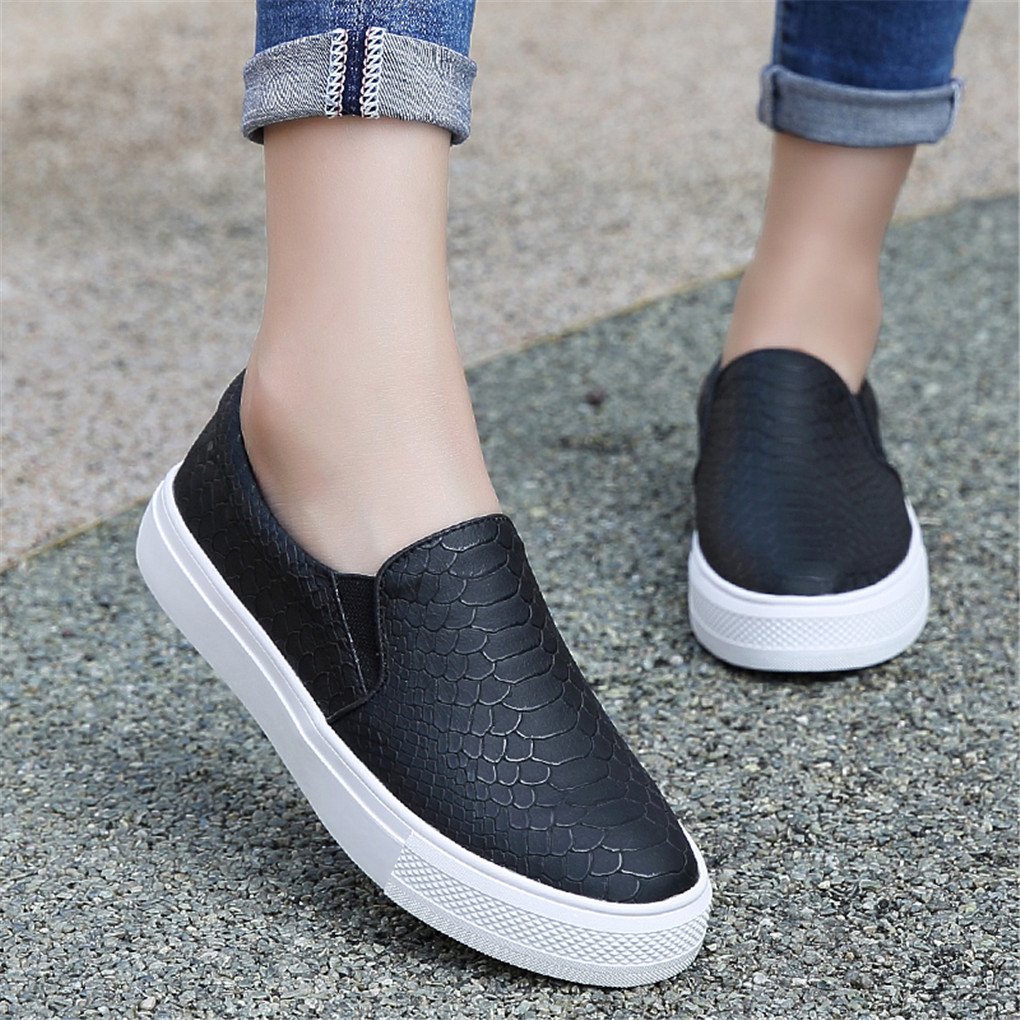 Ruiatoo Women\'s Fashion Slip-on Sneakers Snake Print Comfortable Leather Flat Shoes Black 37