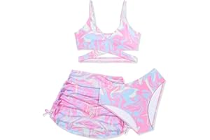 AGAPENG Girls Swimsuits 3 Piece Bathing Suit Allover Printed Criss Cross Bikini Set with Cover Up Skirt Beach Swimwear 7-16 Years