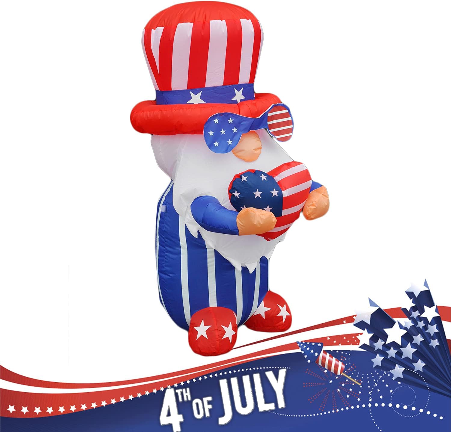 BLOWOUT FUN 4ft Inflatable 4th of July Independent Gnome Holding America Heart LED Decoration Blow Up Lighted Decor Indoor Outdoor Holiday Art Decor Decorations: Garden & Outdoor