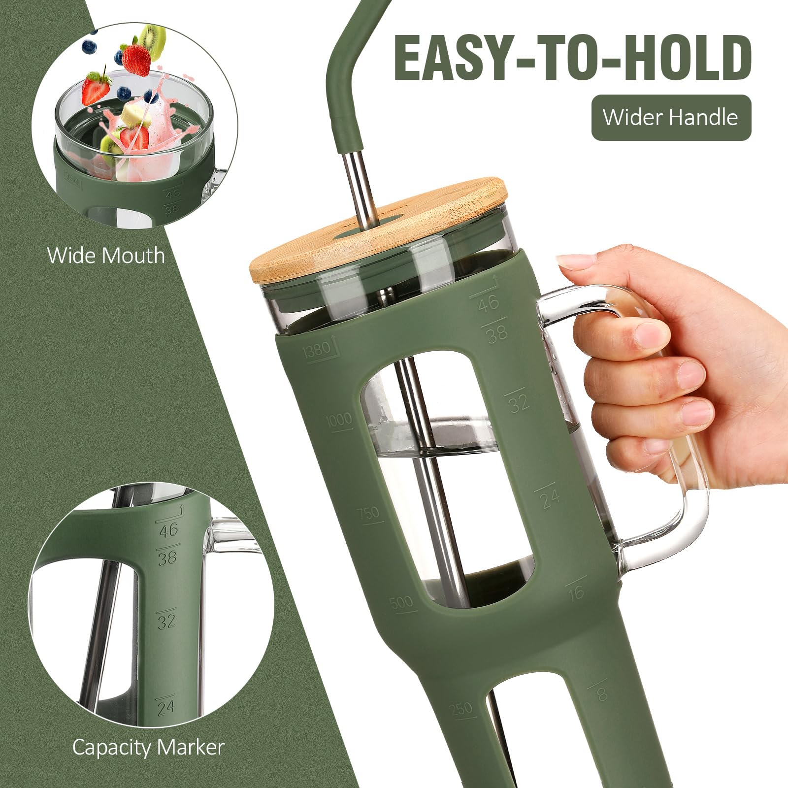 BLUEGO Tumbler becher mit Deckel und Strohhalmen, 1400ml Kaffeebecher To Go mit Henkel, Trinkbecher mit Silikonhülle, 1,4 L Tumbler becher mit 2 Strohhalmen, BPA-frei, Olive 2