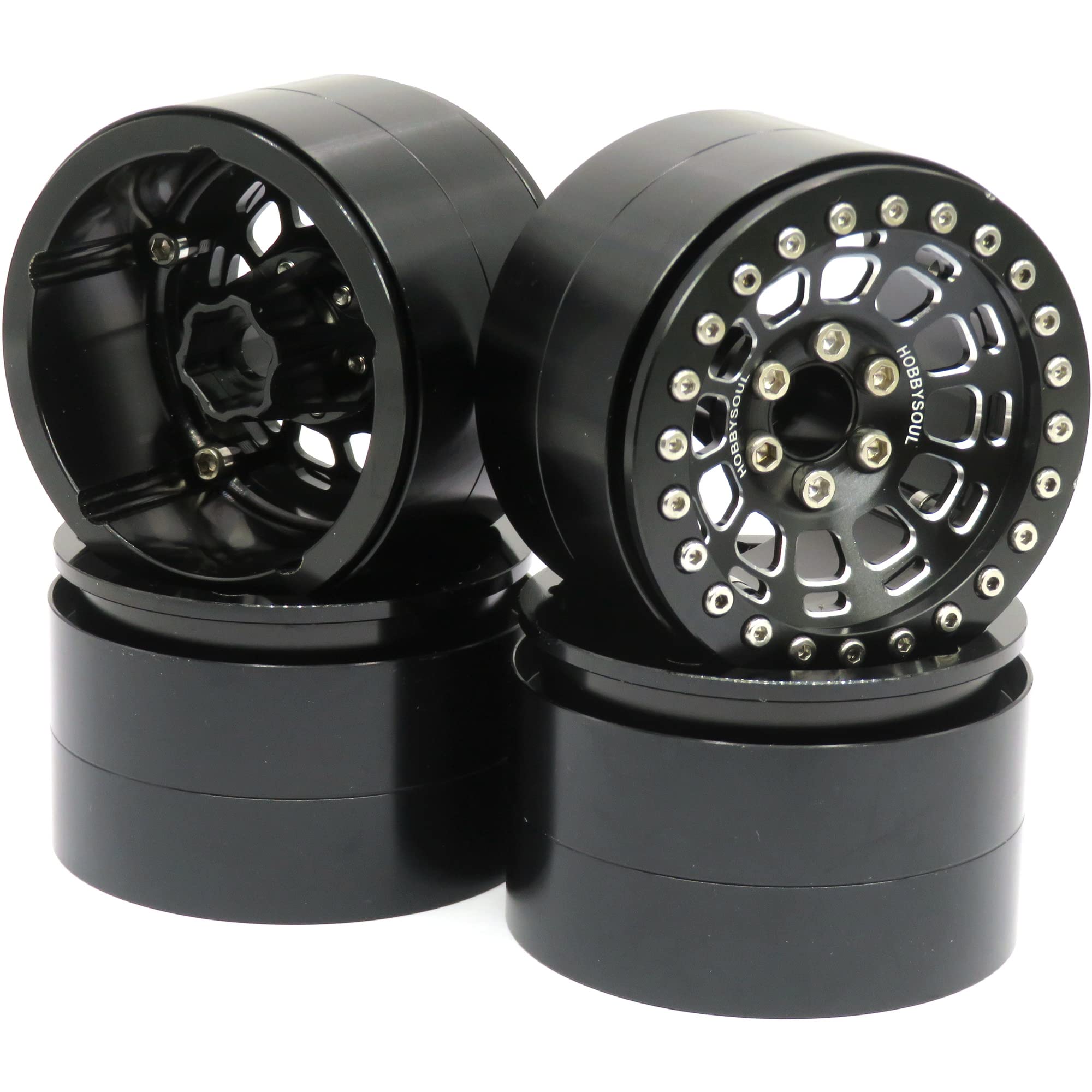 Photo 1 of hobbysoul Alloy 2.2 Beadlock Wheels Black Rims, 2.2 Wheels Wide 1.57'' / 40mm for RC Crawler Axial SCX10 Capra Wraith/Traxxas AMG 6x6 TRX4 / Redcat Gen8 Everest gen 7 Pro, (4-Pack)
